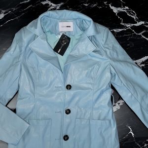 Faux Leather Trench Coat - Light Blue